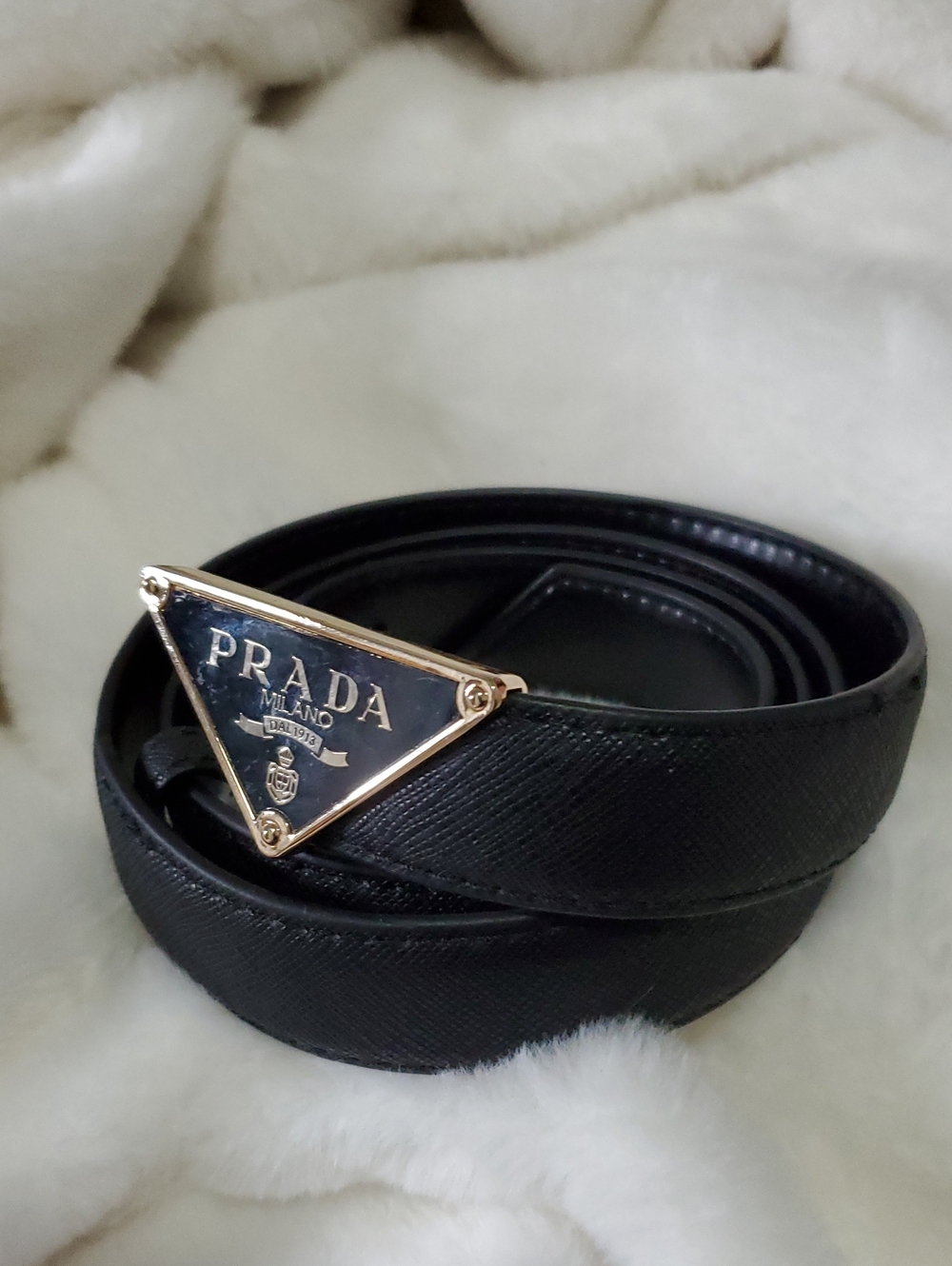 Black Saffiano Belt with Gold Triangular Logo